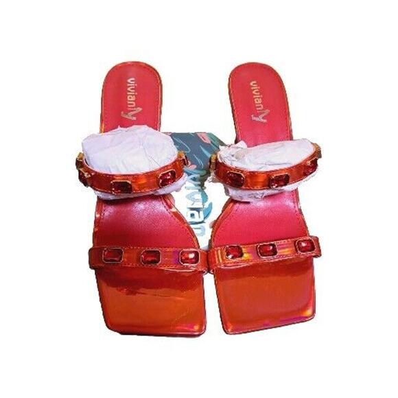 Vivianly Women's Square Open Toe Mid Block Heeled Sandals Red Rhinestone 10 - Picture 3 of 6